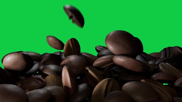 Falling roasted coffee beans striking pile on transparent background, bouncing, revealing sheen