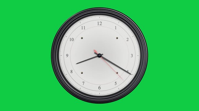 Clock zooming, second hand sweeping, hour minute hands rotating, showing time on transparent bg