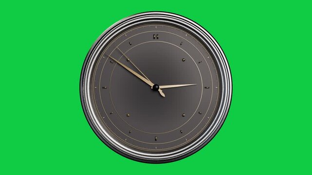 Camera zooming in, starting clock scaling as gold hands sweeping, showing dial on transparent bg