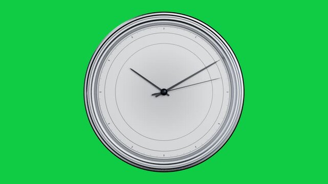 Round analog clock zooming in, hands rotating clockwise, visualizing time on transparent background