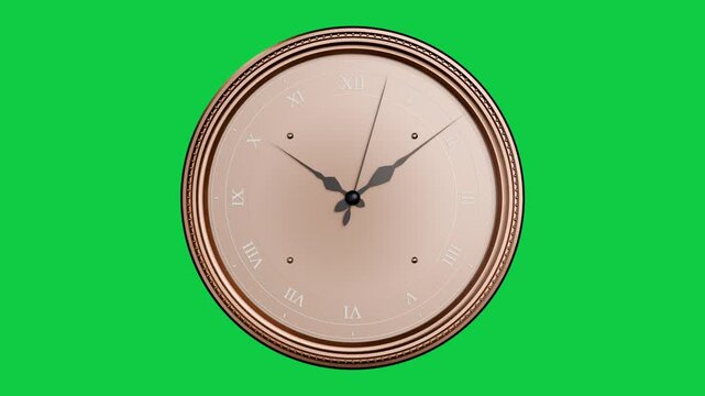 Ornamental round clock zooming in, hands sweeping clockwise showing time on transparent background