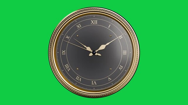 Camera zooming in, ornate clock hands rotating and reflecting for display on transparent background