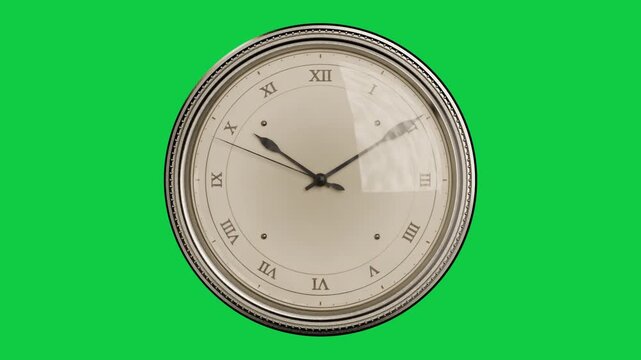 Initial zoom starting antique clock hands sweeping clockwise shifting showing time on transparent