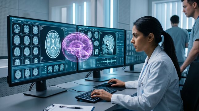 Doctor analyzing 3D brain scan hologram on medical display in modern hospital control room