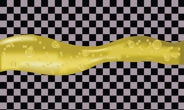 Abstract wavy yellow liquid with bubbles on checkerboard background