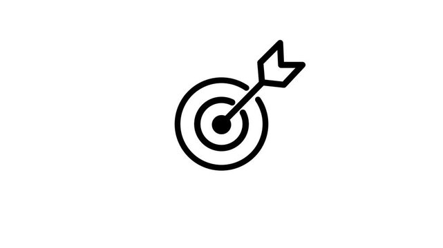 Hit a target or goal with an arrow simple loop animation on white background. Aim target with arrow sign. Archery, darts or goal strategy.4k motion video.