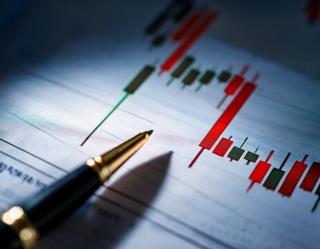 bullish candlestick pattern on financial chart paper pen pointing at resistance level dramatic directional lighting macro close up trading analysis concept