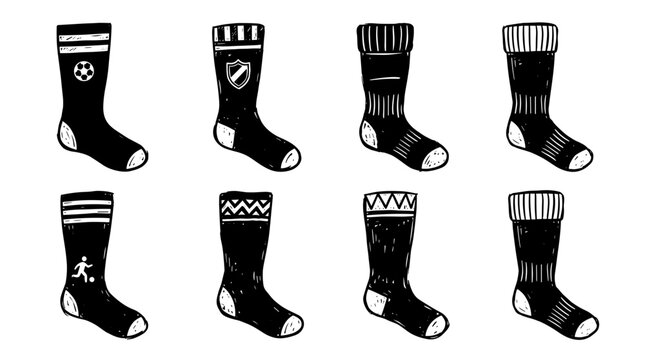 Collection of eight black socks with different patterns and symbols for sports and fashion