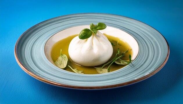 dish featuring delicious burrata on a blue backdrop