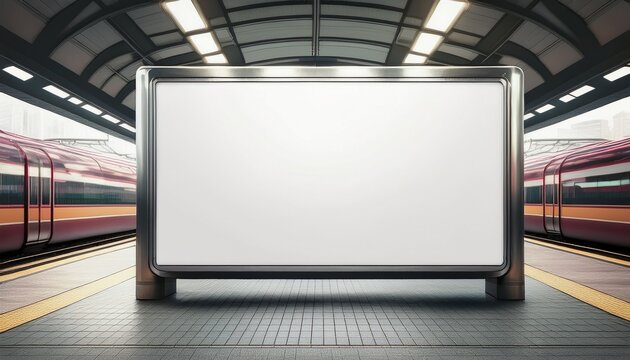 blank poster mockup for advertising in a generic train station ooh display front view of an empty mrt platform