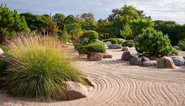 sand pattern garden featuring greenery and rocks