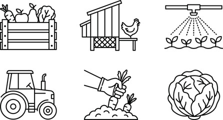 Clean Outline Style Farm and Agriculture Icon Set Featuring Vegetable Crate, Chicken Coop, Sprinkler, Tractor Harvesting, and Cabbage on White Background © Md
