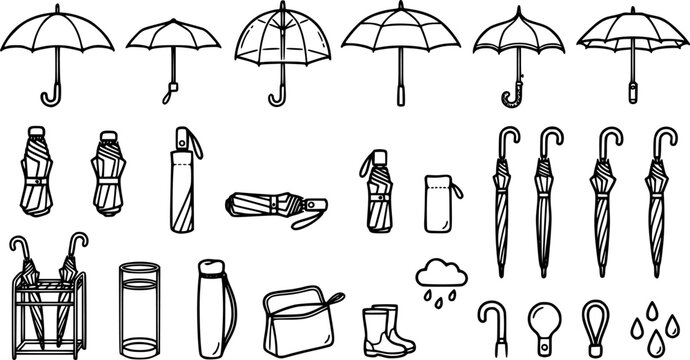 Black line umbrella vector collection, foldable rain umbrellas and weather protection accessories isolated on white background, seasonal illustration