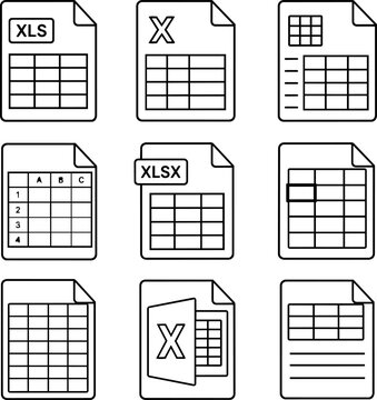 Spreadsheet file and table document line icons set