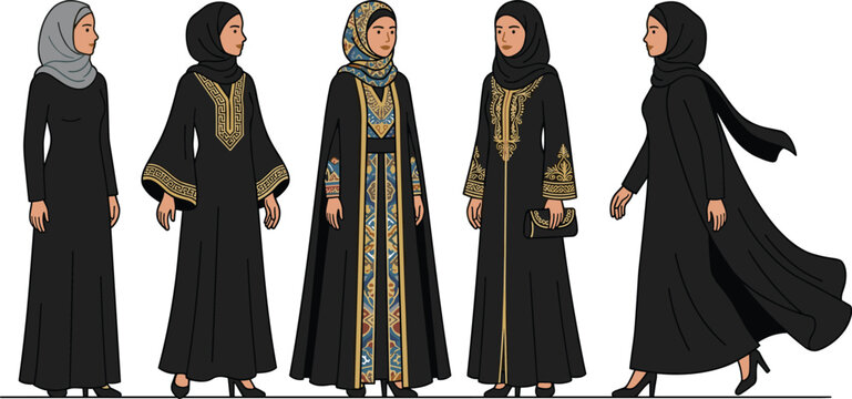 Muslim Women Wearing Traditional Black Abaya Dresses and Hijab Collection with Elegant Gold Embroidery and Modern Islamic Fashion Styles Vector Illustration