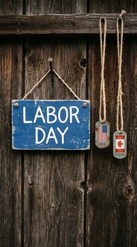 Labor day sign with usa and canada flag tags on rustic wood planks