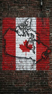 Canada map and maple leaf flag painted on a weathered brick wall