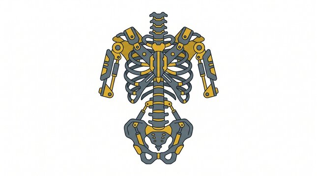 Industrial Cybernetic Exoskeleton Spine Support Concept, Flat Vector Mechanical Human Skeleton Framework with Hydraulic Actuators and Pelvic Stabilization, Tech Illustration