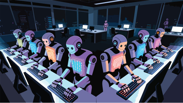 Row of robots with colorful glowing chests working on computers in a dark futuristic office.