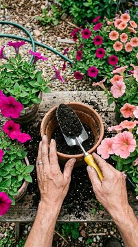 Hands filling a clay pot with soil using a small metal garden trowel