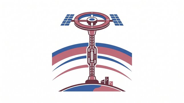 Orbital Space Elevator and Atmospheric Tether Concept, Flat Vector Mega-Scale Engineering Illustration with Ground Station, Climber Tracks, and Geostationary Hub