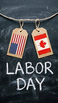 Usa and canada flags on paper tags with labor day chalk text board