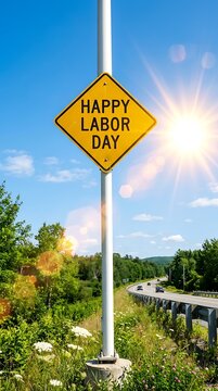 Yellow diamond road sign reading happy labor day against blue sky