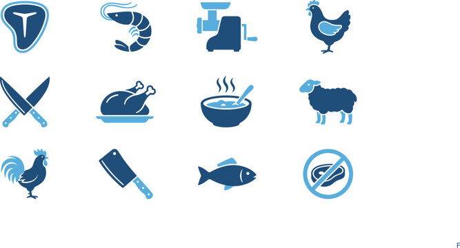 Blue Two-Tone Solid Style Meat and Protein Food Icon Set Featuring Steak, Shrimp, Chicken, Rooster, Fish, Sheep, and More on White Background