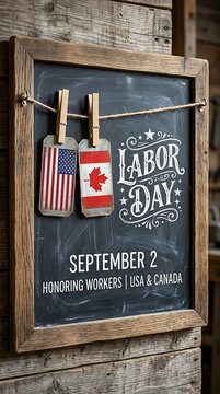 Labor day chalkboard with usa and canada flags, september 2 date wood