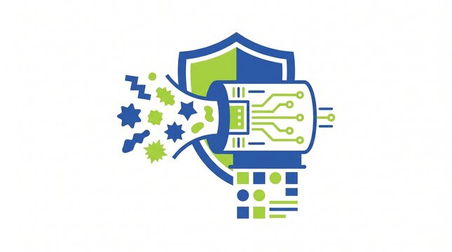 Data Filtering and Cybersecurity Concept with Protection Shield and Electronic Pipe Neutralizing Malware Microbes and Exploit Elements into Clean Structured Code, Flat Vector Illustration