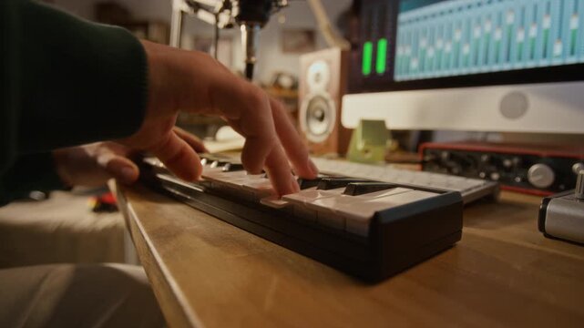 Hands of unrecognizable male musician playing MIDI keyboard controller in home recording studio wiht computer audio software. Digital music creation, audio engineering, and online creative education