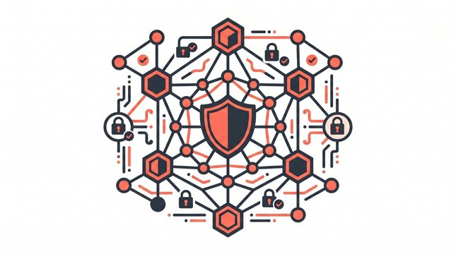 Zero Trust Network Security Concept with Shield Icon Inside Complex Data Interconnected Grid Network with Padlocks and Check Marks, Flat Vector Illustration Isolated on White