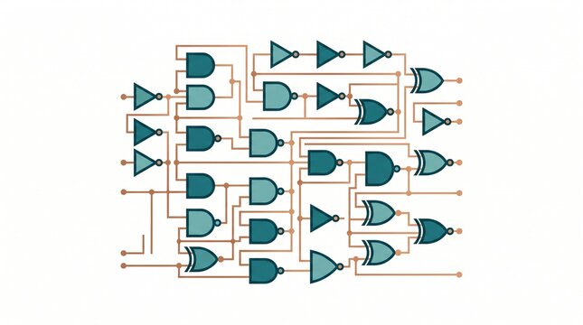 Digital Logic Gate Circuit Diagram Concept, Complex Combinational Electronic Circuitry with AND OR NOT XOR Gates and Interconnections, Flat Vector Illustration Isolated on White