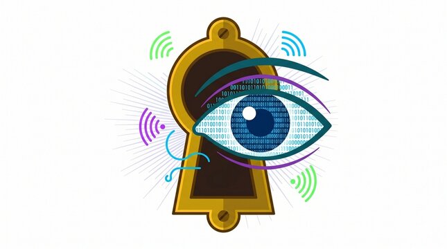Cybersecurity and Digital Privacy Concept with Digital Eye Looking Through Keyhole with Binary Code and Wi-Fi Signals, Flat Vector Illustration Isolated on White Background