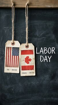 Usa and canada flags on hanging tags, chalkboard labor day text labels