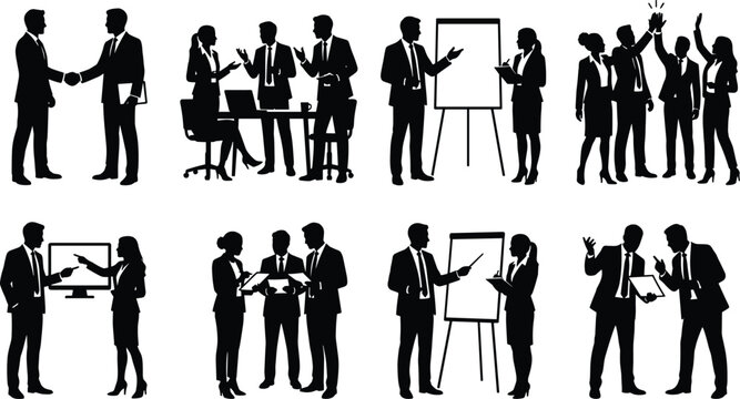 business teamwork silhouette, office collaboration illustration, meeting silhouette vector, handshake teamwork illustration, office staft, business meeting 