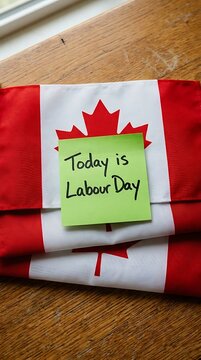Green sticky note with today is labour day text on canadian flag maple