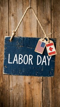 Labor day sign with american and canadian flag tags on wood board
