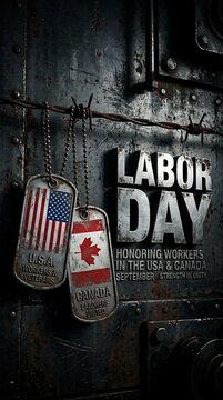Usa and canada labor day tags hanging on barbed wire, metal texture