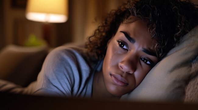 Une femme afro-am&eacute;ricaine allong&eacute;e sur un canap&eacute;, l'air boulevers&eacute;, pleurant, les yeux remplis de larmes, la t&ecirc;te reposant sur un oreiller, montrant son &eacute;tat &eacute;motionnel, concept de d&eacute;pression.