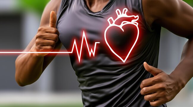 Plan rapproch&eacute; dynamique d'un homme courant, le buste et les bras visibles, un c&oelig;ur humain et une ligne d'&eacute;lectrocardiogramme brillant sur sa poitrine, concept d'effort et de bonne sant&eacute; par le sport.