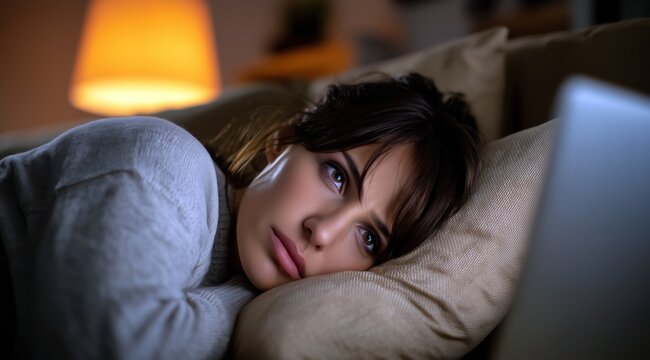 Une femme allong&eacute;e sur un canap&eacute;, l'air triste, la t&ecirc;te reposant sur un oreiller, regardant un film sur son ordinateur portable, faible profondeur de champ.