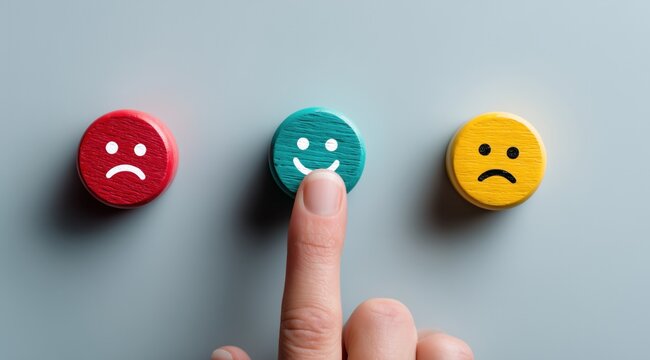 Un doigt choisissant d'appuyer sur un palet en bois vert orn&eacute; d'un emoji repr&eacute;sentant un visage souriant, &agrave; gauche un rouge triste et &agrave; droite un jaune malheureux, arri&egrave;re-plan gris.
