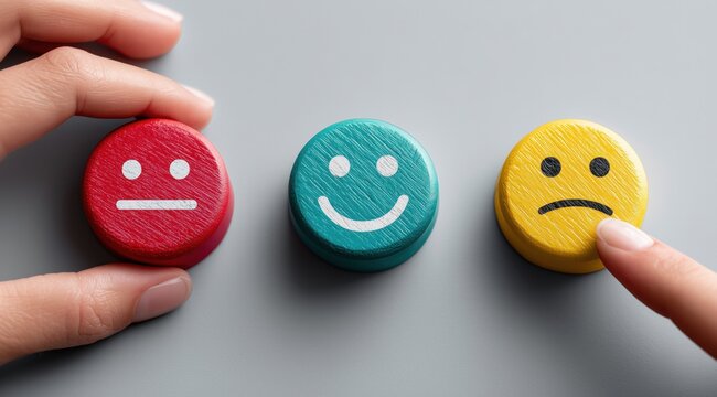 Les mains d'une personne choisissant des palets en bois color&eacute;s orn&eacute; d'emojis repr&eacute;sentant un visage &agrave; l'humeur neutre, souriante et triste sur un arri&egrave;re-plan gris.