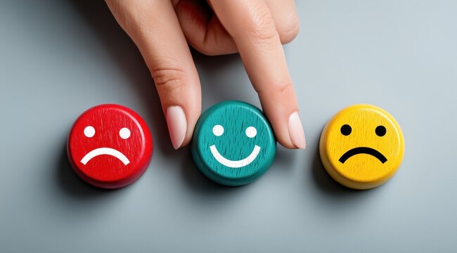 Une main choisissant un palet en bois vert orn&eacute; d'un emoji repr&eacute;sentant un visage souriant, arri&egrave;re-plan gris, concept de bonne humeur.