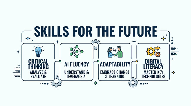 Modern Skills for the Future Infographic Featuring Critical Thinking AI Fluency and Digital Literacy