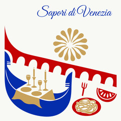 Venetian summer festival with floating table on gondola and festive lagoon atmosphere — social media post © Aleksandr