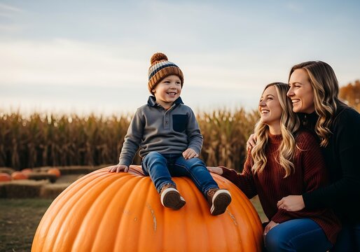 Joyful Toddler in Beanie Sitting Atop Massive Prize Pumpkin with Smiling Women in Scenic Cornfield at Sunset gen 13 gklnhq146