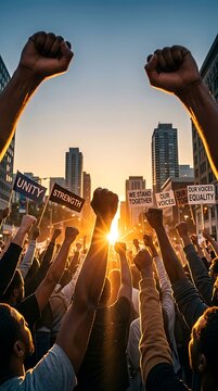 Crowd of people raising fists in protest with signs at city sunset