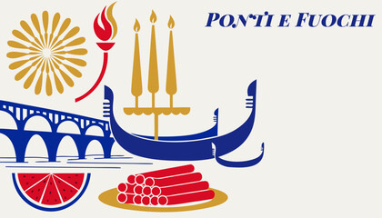 Summer night on venetian lagoon with fireworks, floating candles and traditional atmosphere — promotional flyer © Aleksandr